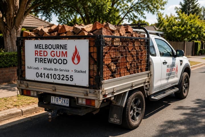 Red Firewood delivery ute loaded with seasoned red gum for a Melbourne delivery