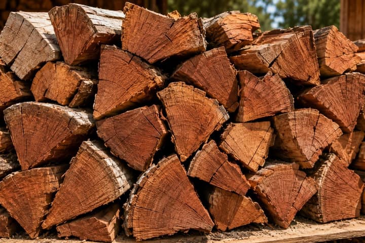 Seasoned red gum firewood, split and stacked ready to burn